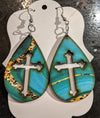 Cross In Center of Teardrop In Jade with Gold Accents Earrings Wooden